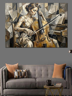 Çello Çalan Gazete Dokulu Kadın Kanvas Tablo