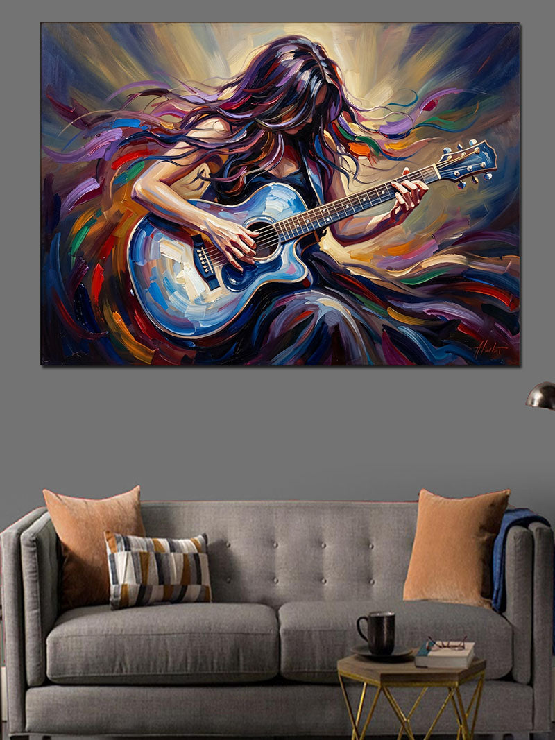 Gitar Çalan Renkli Saçlı Kadın Kanvas Tablo