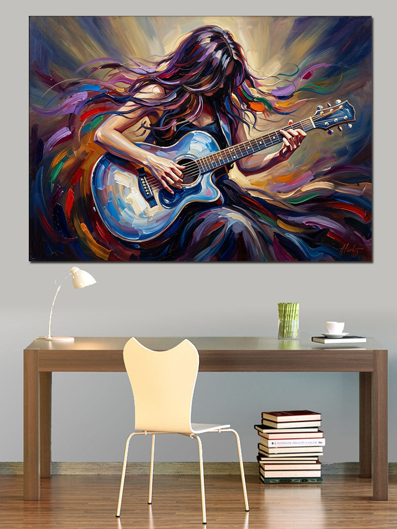 Gitar Çalan Renkli Saçlı Kadın Kanvas Tablo