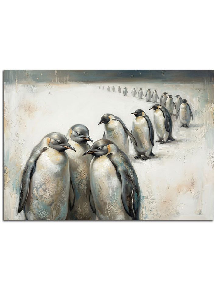 Antarktika'da bir sıra halinde penguenler.
