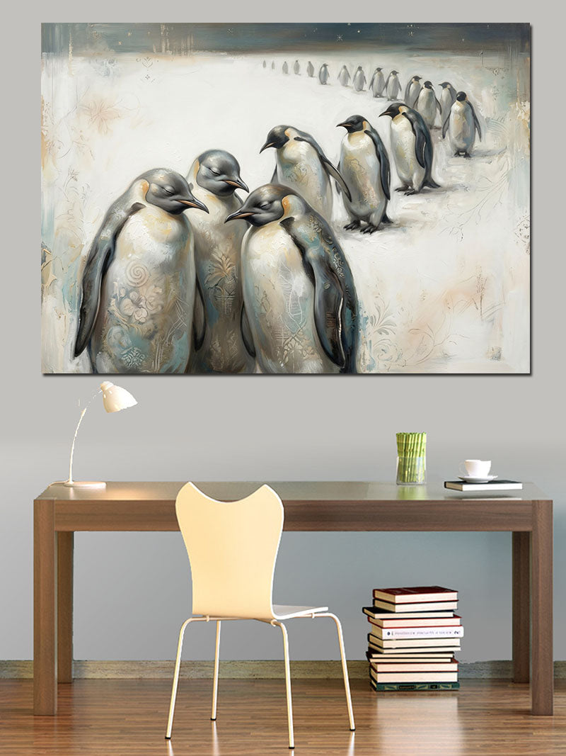 Karlar Altında Yürüyen Penguen Sürüsü Kanvas Tablo