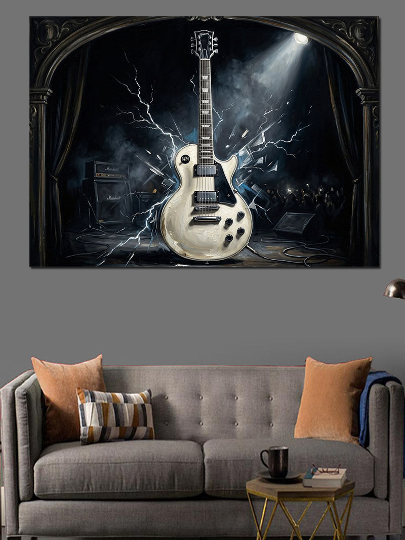 Sahne Işığında Beyaz Elektro Gitar Kanvas Tablo