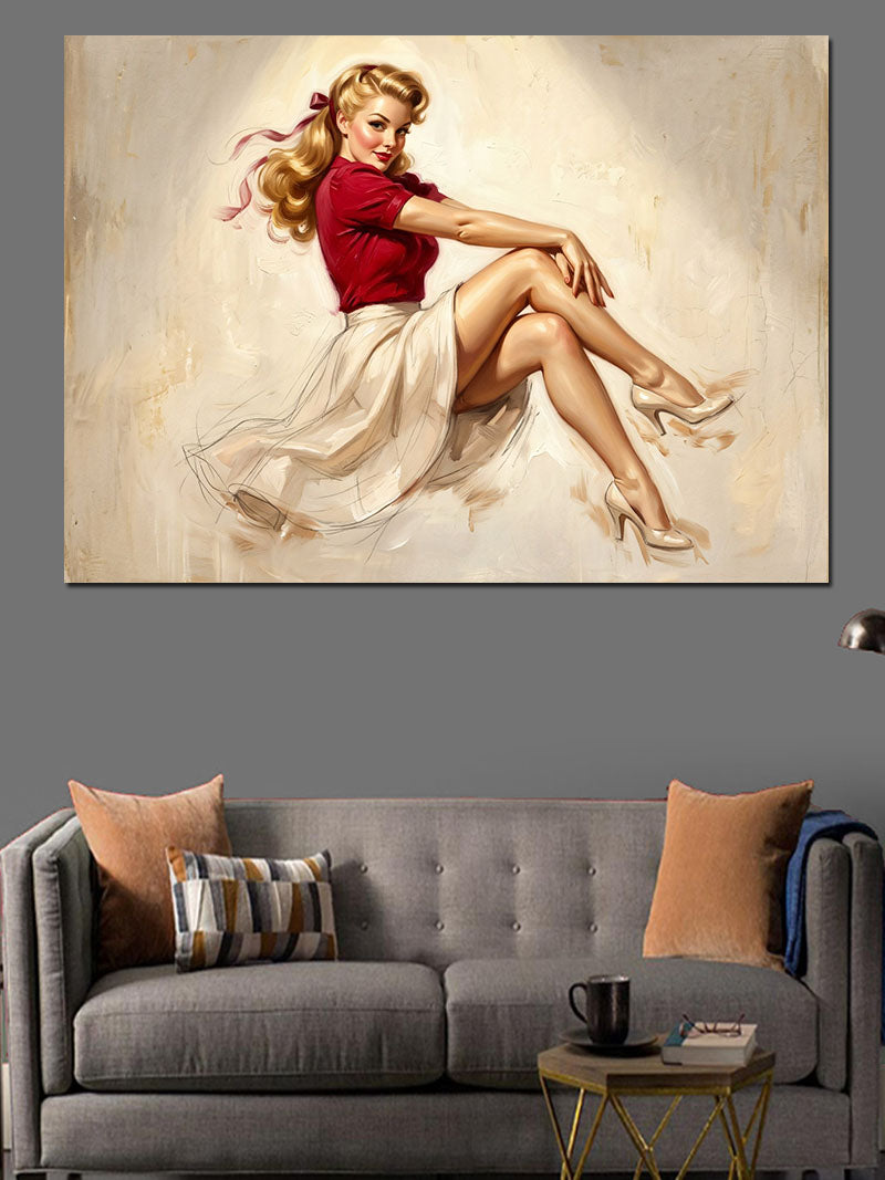 Koltukta Oturan Retro Pin-up Kadın Kanvas Tablo