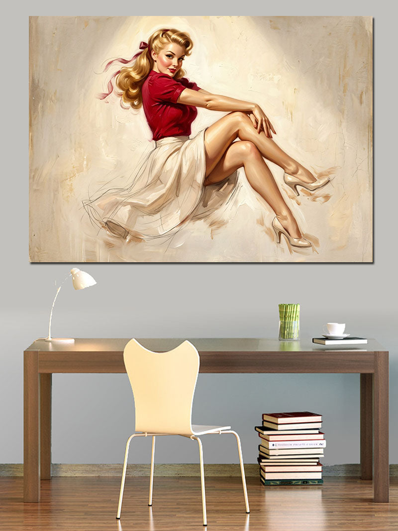 Koltukta Oturan Retro Pin-up Kadın Kanvas Tablo
