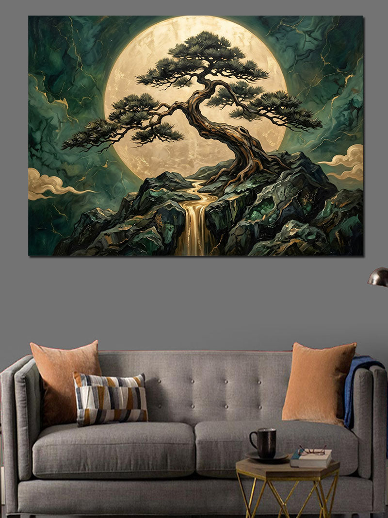 Gece Dağ Başında Bonsai Ağacı Kanvas Tablo