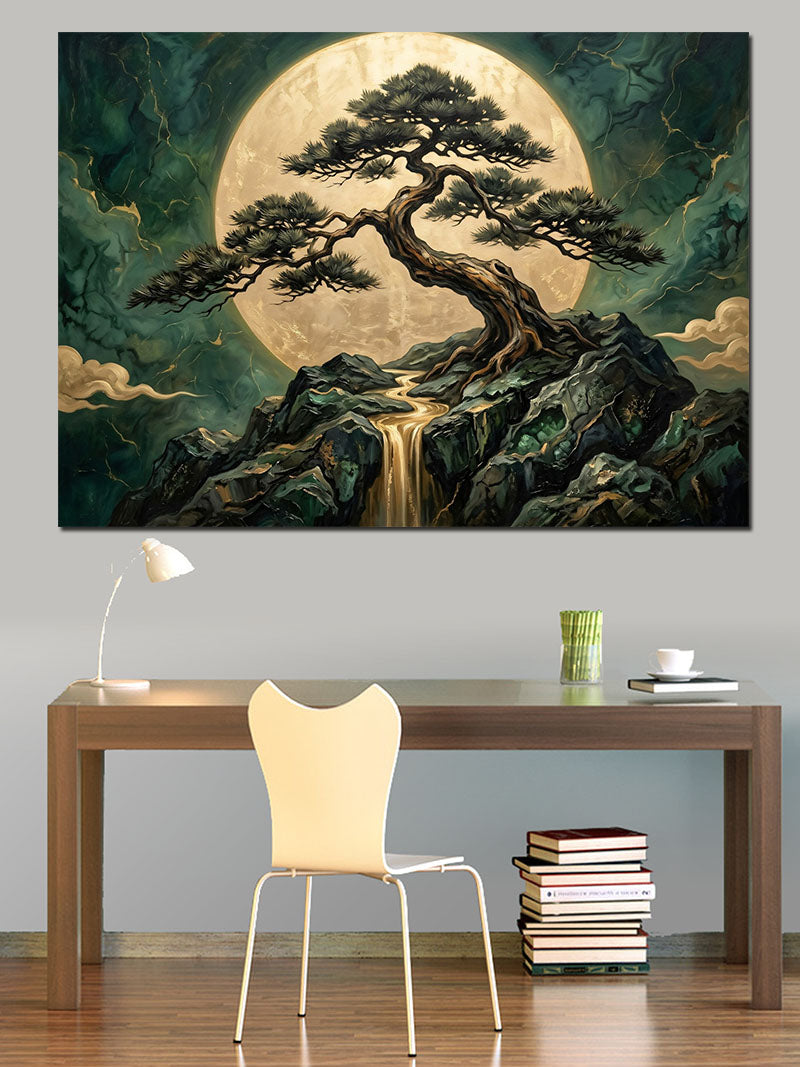 Gece Dağ Başında Bonsai Ağacı Kanvas Tablo