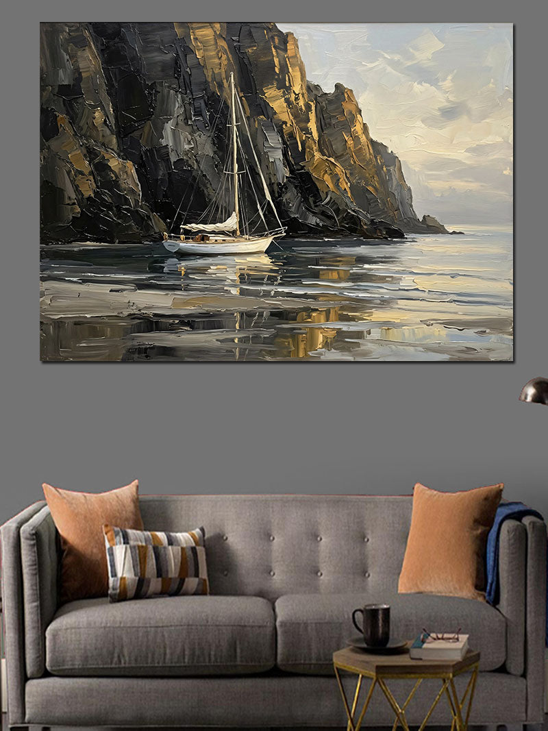 Kayalık Sahilde Duran Yelkenli Gemi Kanvas Tablo