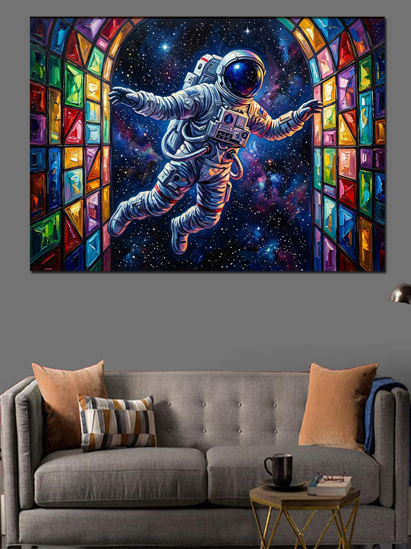 Vitray Pencerede Uçan Renkli Astronot Kanvas Tablo