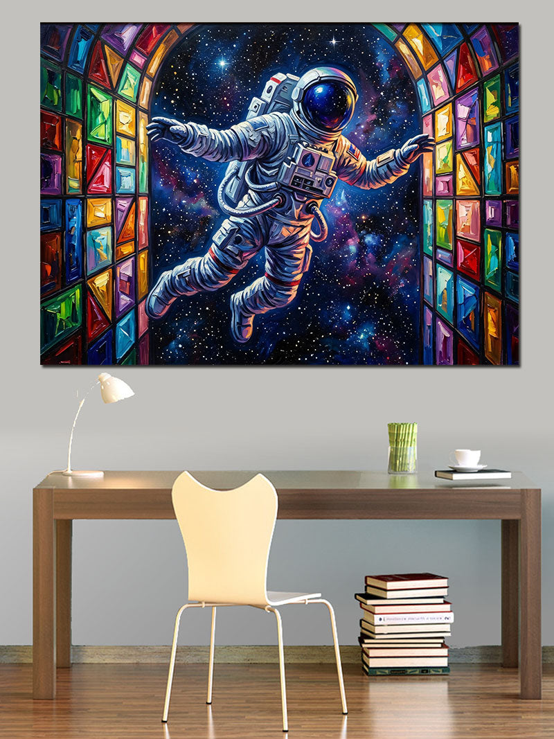 Vitray Pencerede Uçan Renkli Astronot Kanvas Tablo