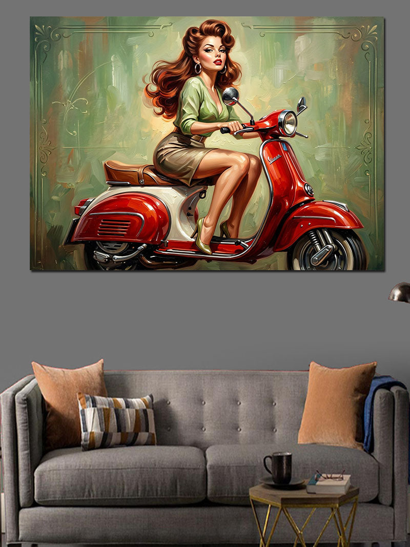 Kırmızı Motorlu Vintage Pin-up Kadın Kanvas Tablo