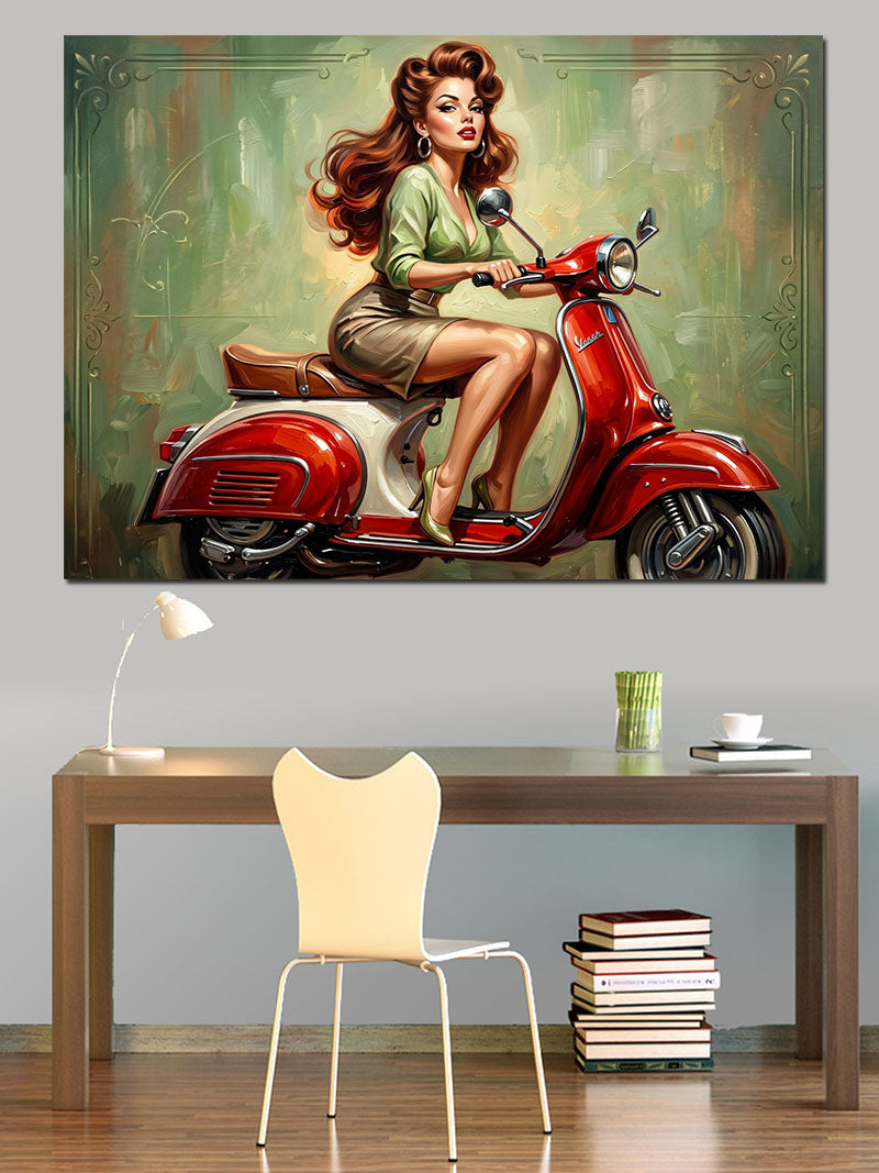 Kırmızı Motorlu Vintage Pin-up Kadın Kanvas Tablo