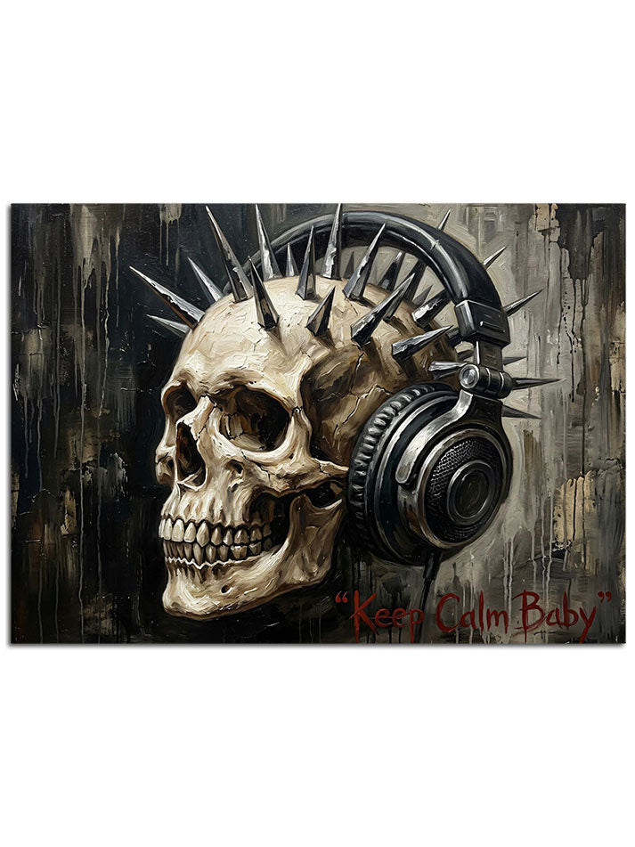 Punk tarzı kulaklıklı kurukafa figürü.