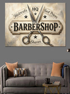 Barbershop Makaslı Retro Berber Amblemi Kanvas Tablo