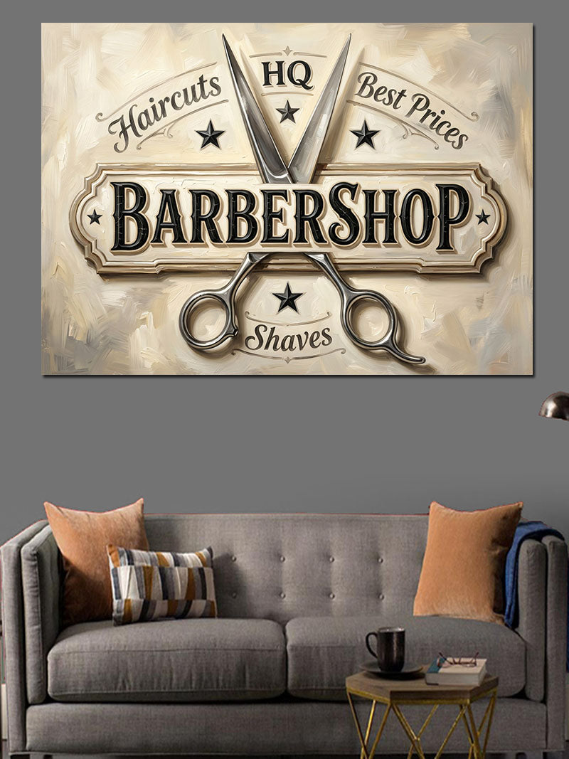 Barbershop Makaslı Retro Berber Amblemi Kanvas Tablo