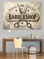 Barbershop Makaslı Retro Berber Amblemi Kanvas Tablo
