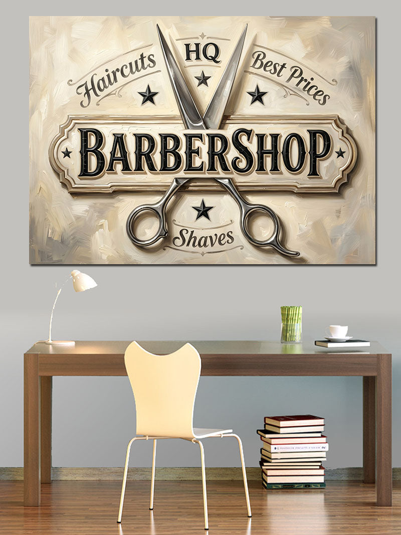 Barbershop Makaslı Retro Berber Amblemi Kanvas Tablo