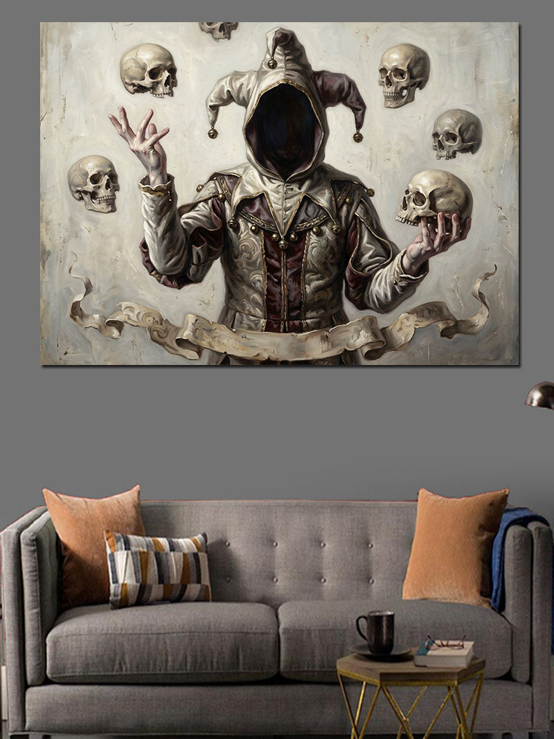Kurukafalarla Hokkabazlık Yapan İskelet Figürü Kanvas Tablo