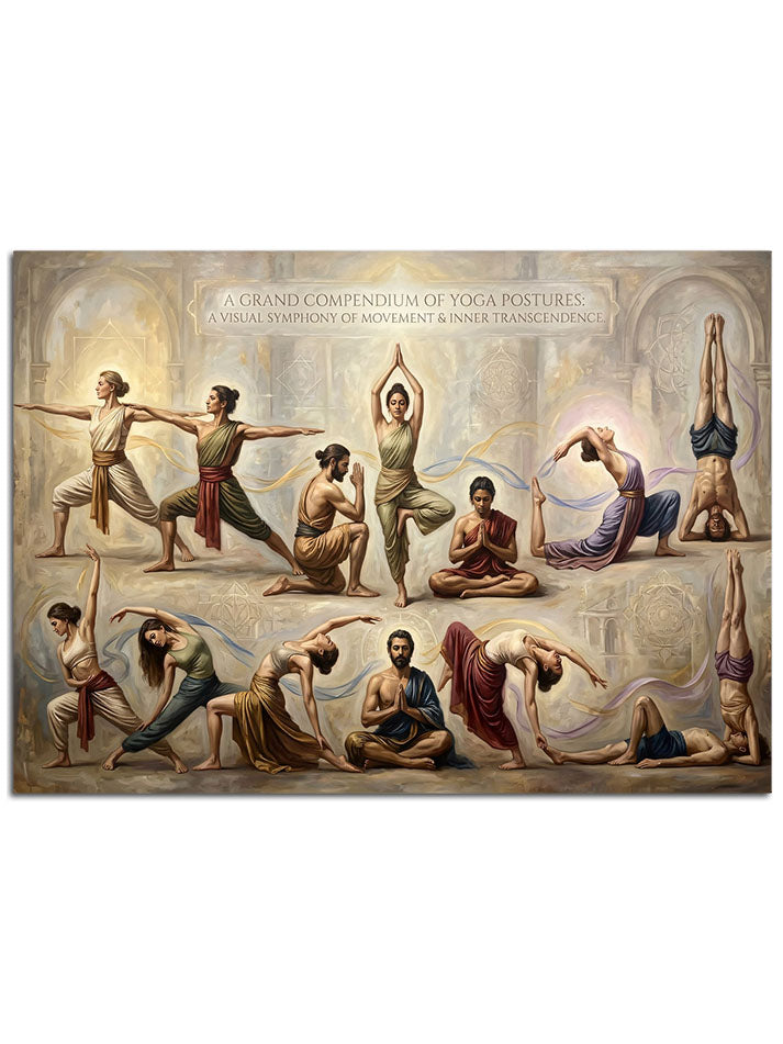 Birçok yoga pozunu gösteren çizim.