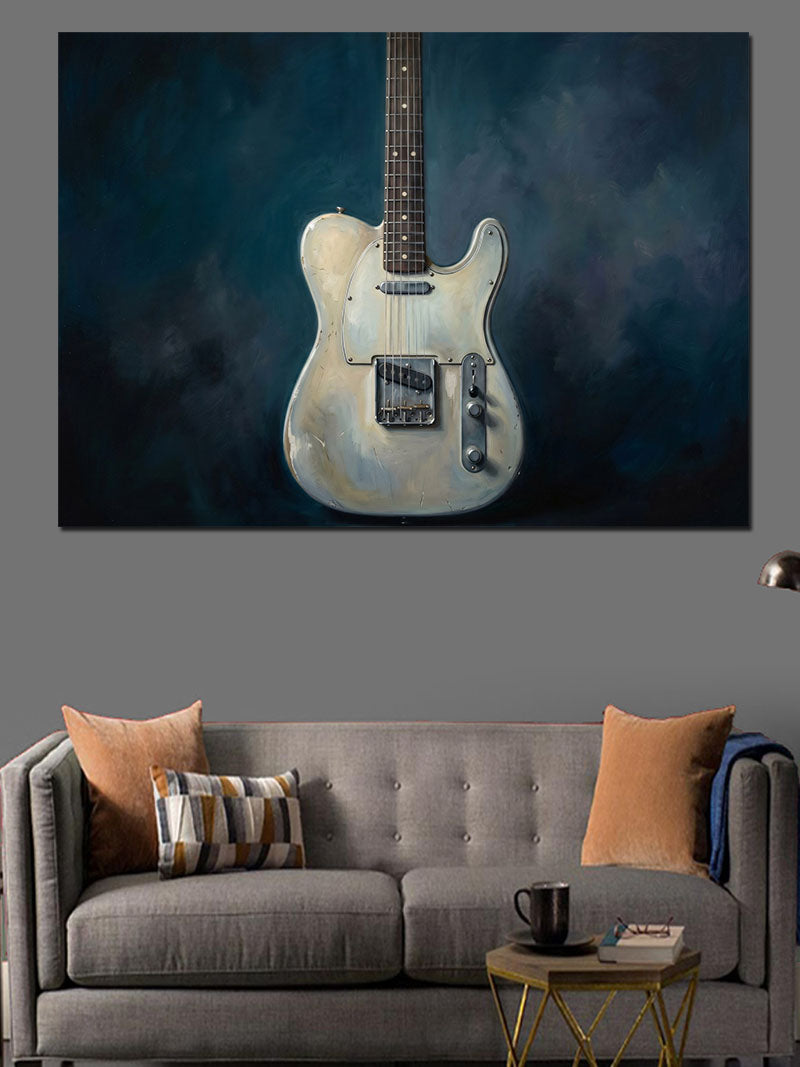 Mavi Fondaki Klasik Beyaz Gitar Kanvas Tablo