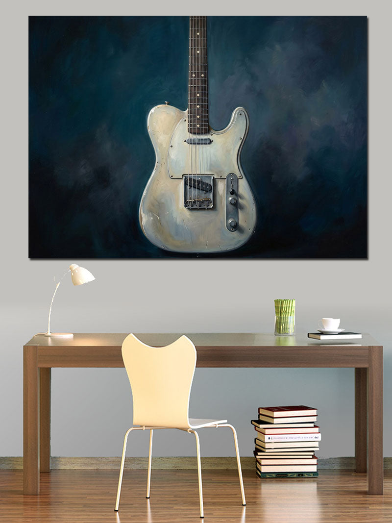 Mavi Fondaki Klasik Beyaz Gitar Kanvas Tablo