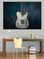 Mavi Fondaki Klasik Beyaz Gitar Kanvas Tablo