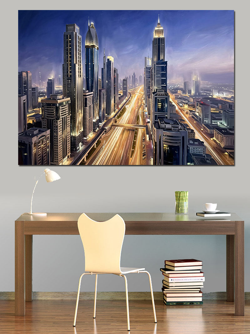 Gece Işıkları Altında Modern Şehir Kanvas Tablo