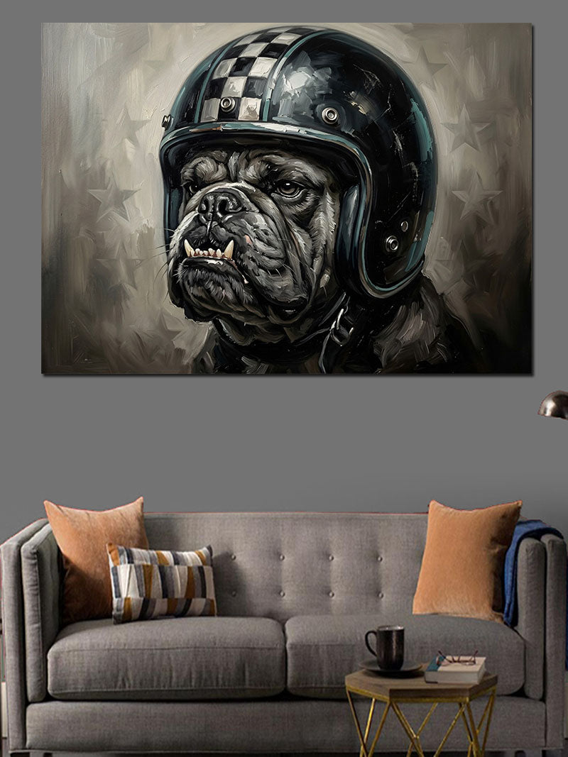 Motosiklet Kaskı Takmış Bulldog Köpeği Kanvas Tablo