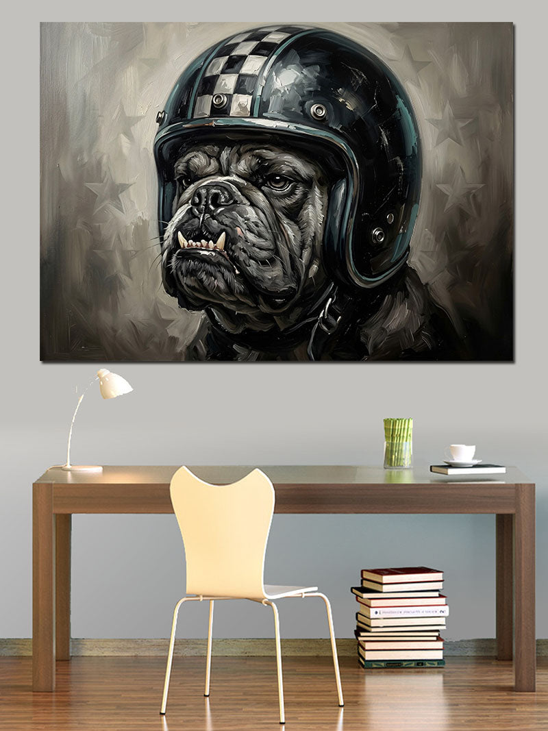 Motosiklet Kaskı Takmış Bulldog Köpeği Kanvas Tablo