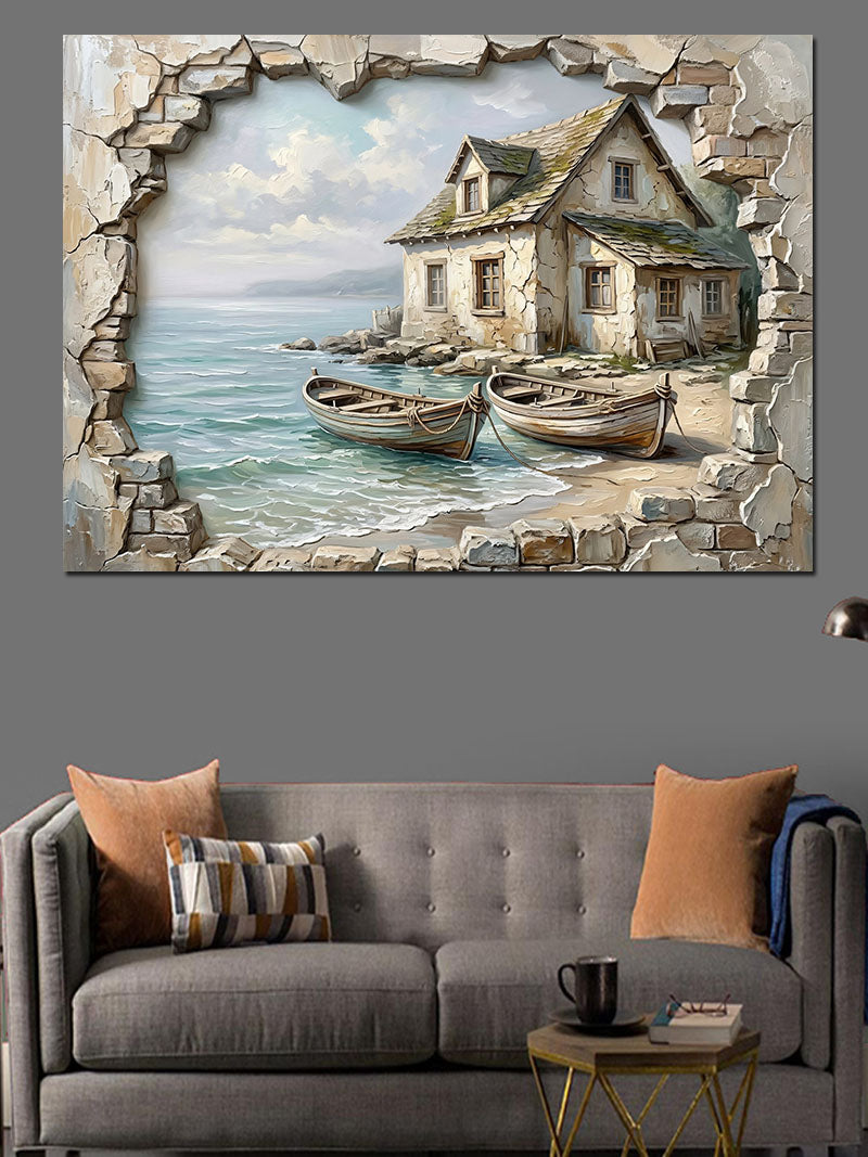 Çatlak Duvar Arasında Deniz Evi Kanvas Tablo