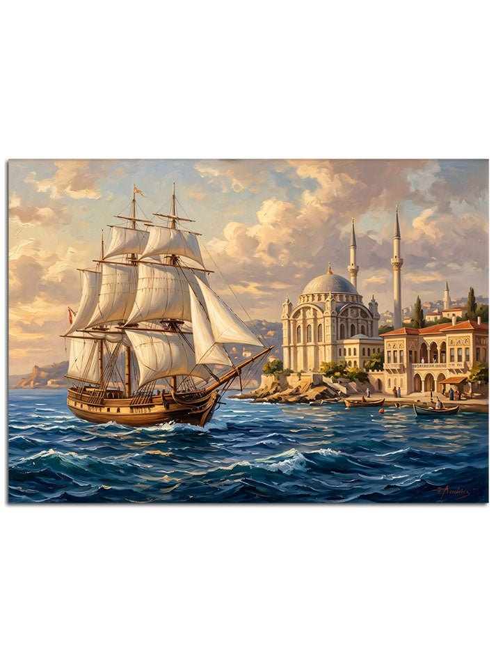 Boğaz sularında süzülen tarihi yelkenli gemi.