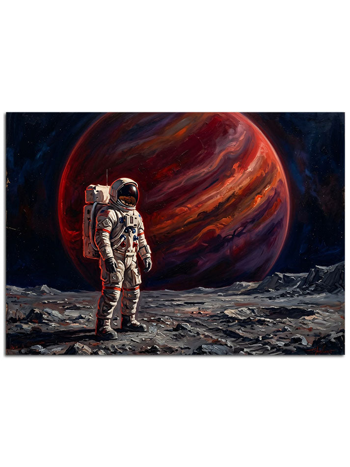 Uzay boşluğunda astronot ve gezegen.
