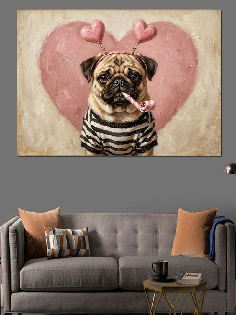 Kalp Balonlu Sevimli Pug Köpeği Kanvas Tablo