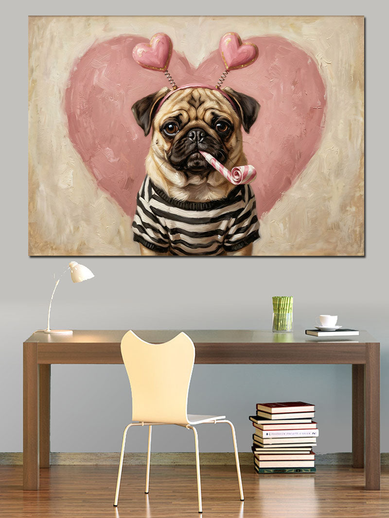 Kalp Balonlu Sevimli Pug Köpeği Kanvas Tablo