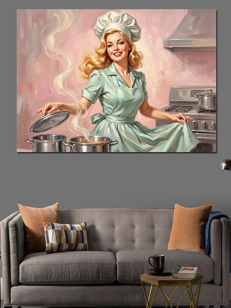 Mutfakta Yemek Pişiren Pin-up Kadın Kanvas Tablo