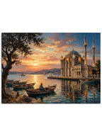 Boğaz kıyısında gün batımı ve cami.